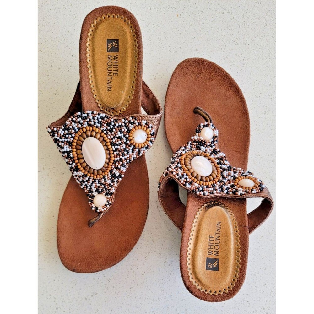 White Mountain Sandals Women's Size 9M Merle Leather Wedge Beaded White Brown
